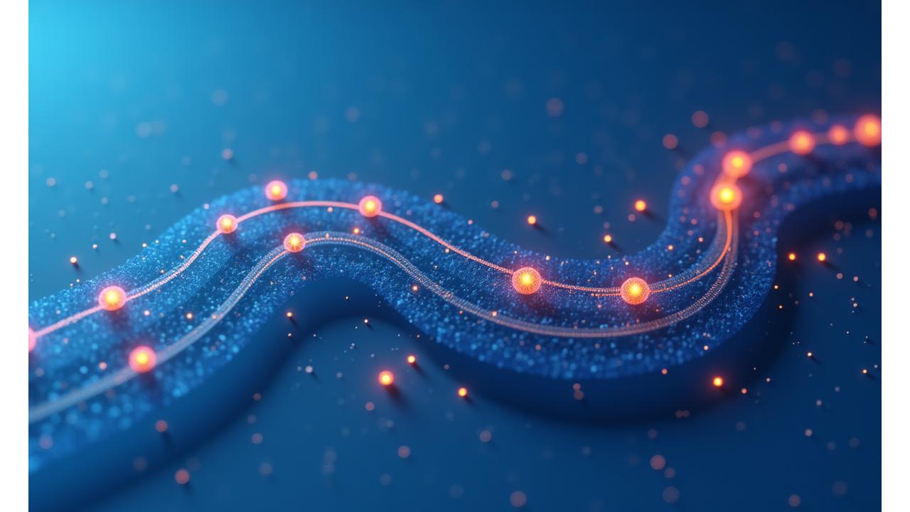 An infographic representing a project timeline with interconnected nodes and glowing pathways, indicating strategic planning and milestones.