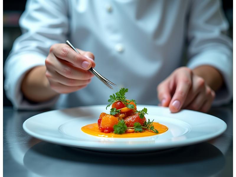 Renowned chef plating an exquisite dish in a professional kitchen