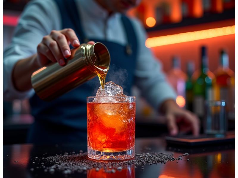 Expert mixologist crafting a vibrant cocktail at a sophisticated bar