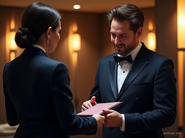 A professional concierge discreetly assisting a VIP guest with a tablet, ensuring seamless service