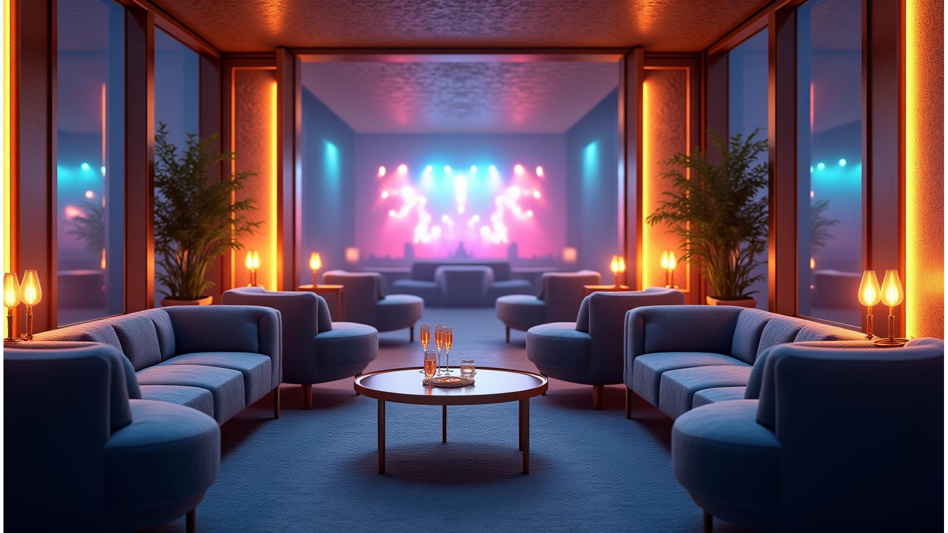 Opulent VIP festival lounge with plush seating, ambient lighting, and panoramic views of a vibrant festival stage