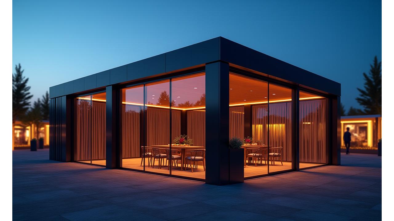 Elegant exterior view of a temporary luxury pavilion set up for a VIP experience at an outdoor event