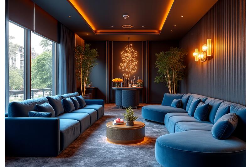 Luxurious private lounge interior with modern furniture and sophisticated lighting